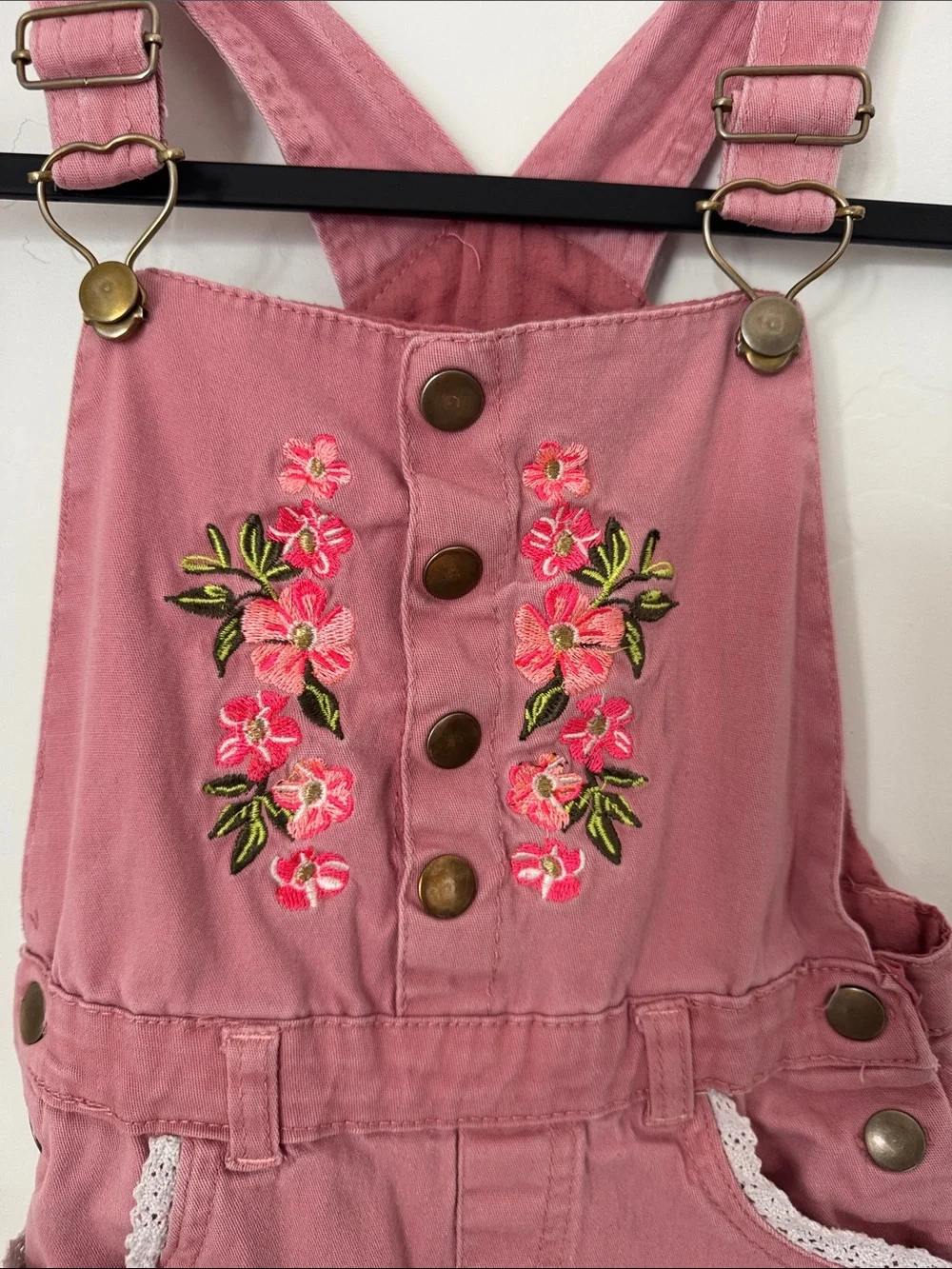 Girls Pink Floral Embroidered Denim Overalls Lace Trim Adjustable Straps Size 6